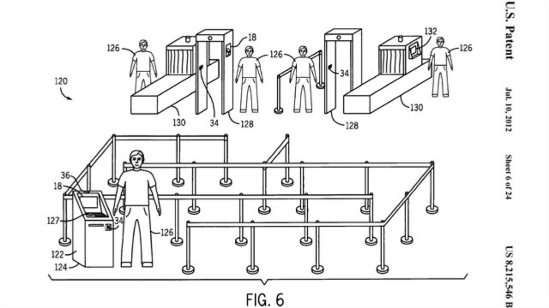 Apple's patent imagines travelers going through airport security with totally empty pockets. All travelers would carry is a phone. By waving their phone at a special kiosk, the phone digitally transfers passport information to nearby TSA officers. They would review it on their own tablet or screen. The process would be entirely paperless.