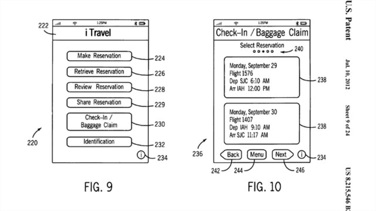 Apple's iPhone app patent would allow passengers to book airline reservations, check in for a flight and check or claim baggage. It also would be able to store electronic versions of official identification, such as passports or drivers licenses.
