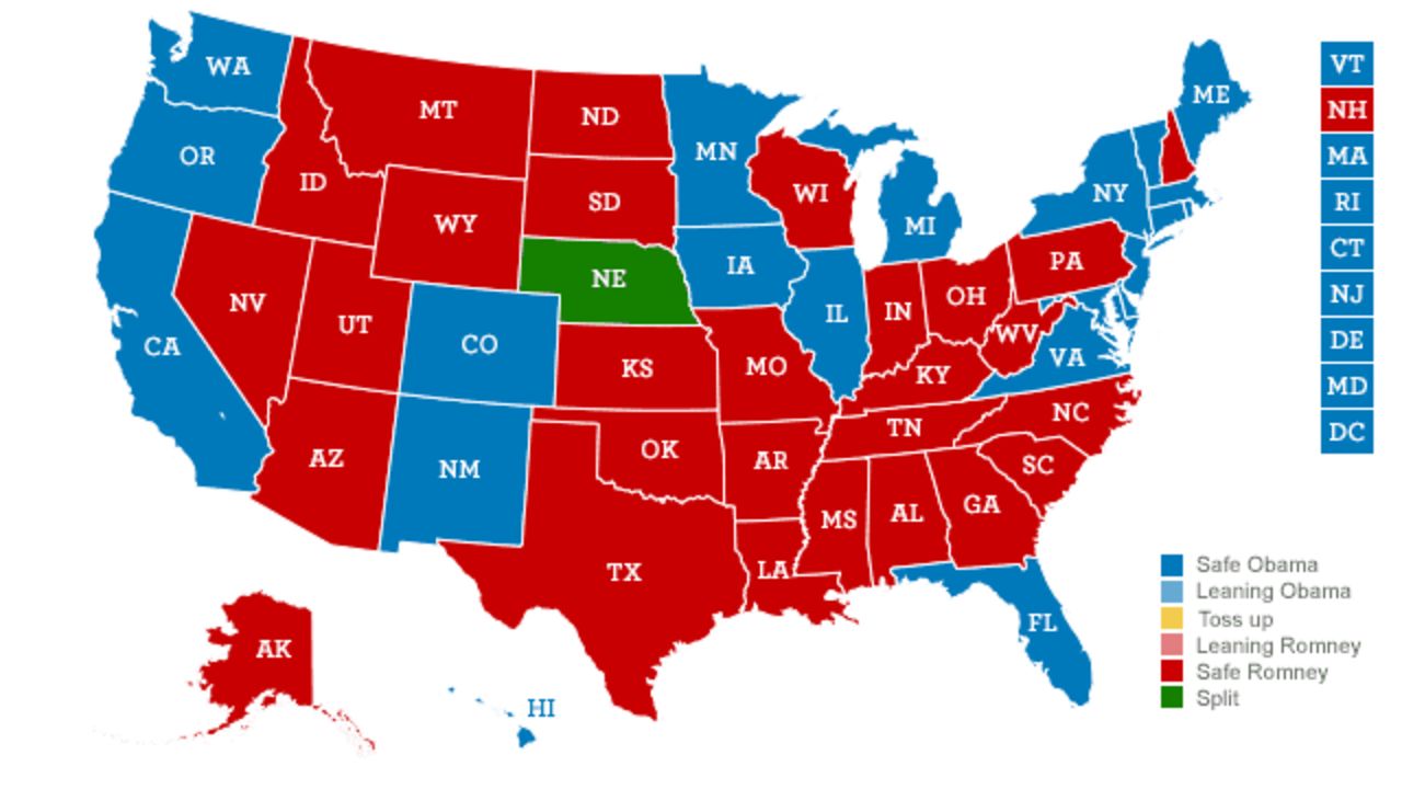 Obama wins Virginia, Florida, Colorado and a single electoral vote from Nebraska's 2nd Congressional District. Romney takes Pennsylvania and Wisconsin from Obama's column and battlegrounds of New Hampshire, Iowa, Ohio, and Nevada.