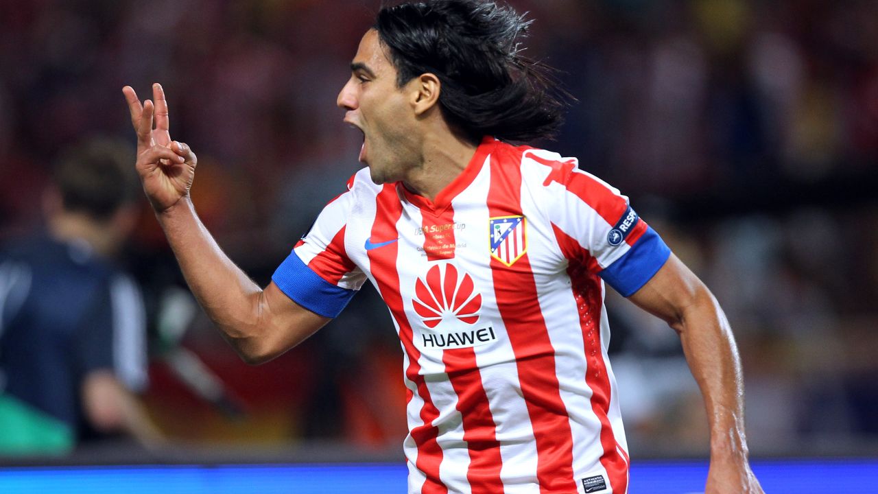 Atletico striker Falcao reminds the crowd in Monaco how many goals he scored in the first half 