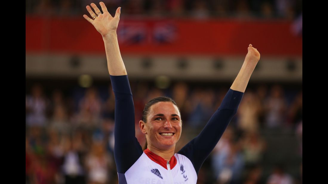 Gold medalist Sarah Storey of Great Britain poses on the podium during the victory ceremony for  women's cycling.