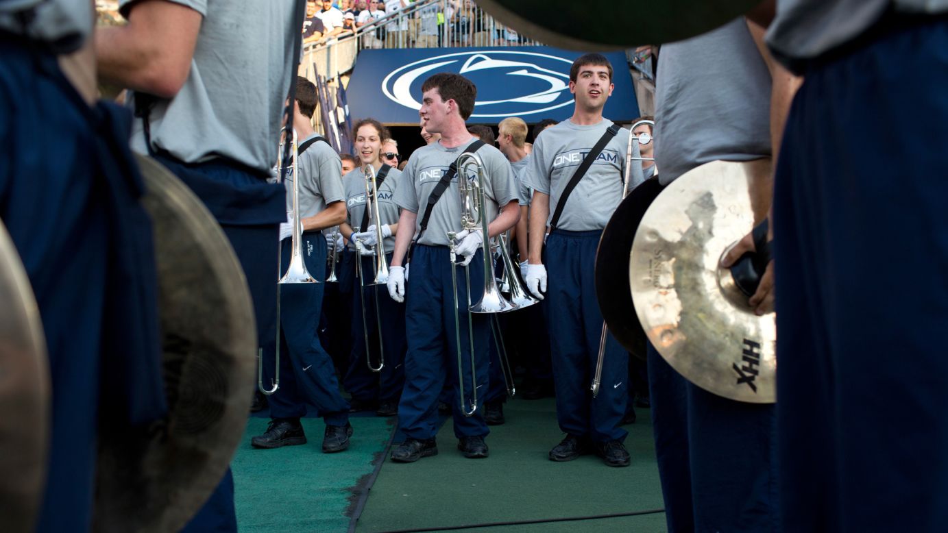 Members of Penn State's Big Blue Band prepare to take the field.
