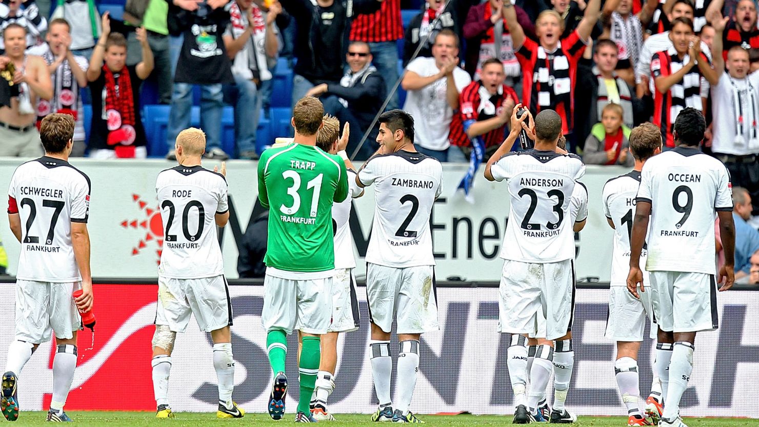 Eintracht Frankfurt's players salute the crowd after their 4-0 win at Hoffenheim in the Bundesliga