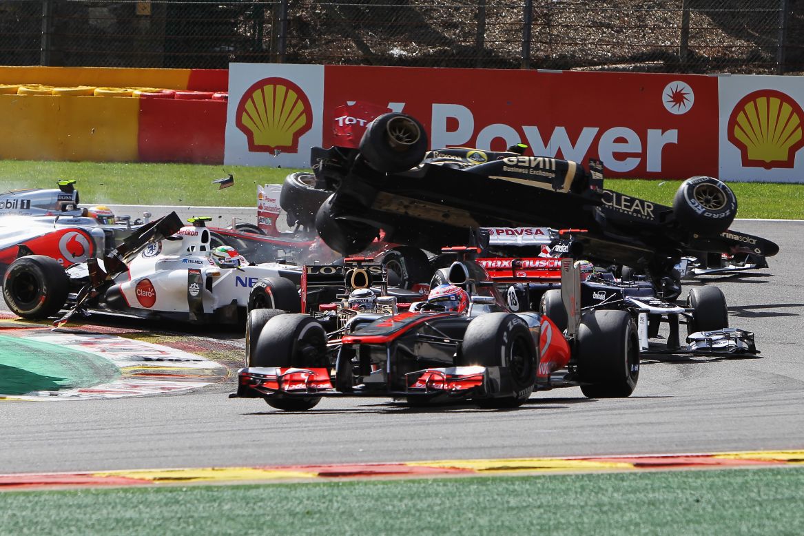  A dramatic view of Grosjean flying over cars on the first corner of the Belgian Grand Prix at Spa-Francorchamps.