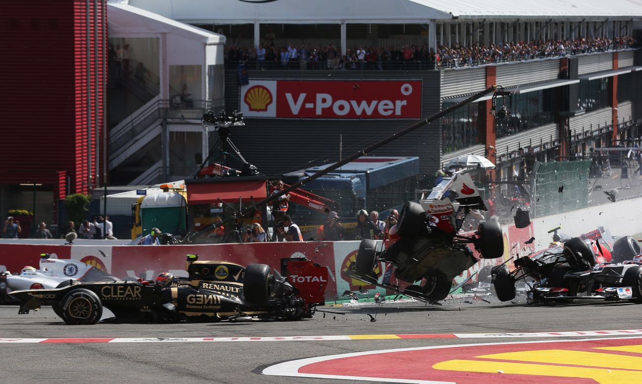 In the ensuing chaos Hamilton, Alonso and Sauber's Sergio Perez are all caught up in the crash and their race is over. 