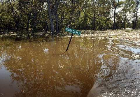 A Paradise Lane street sign is partially submerged in Isaac's floodwaters in Braithwaite, Louisiana, on Saturday, September 1.  