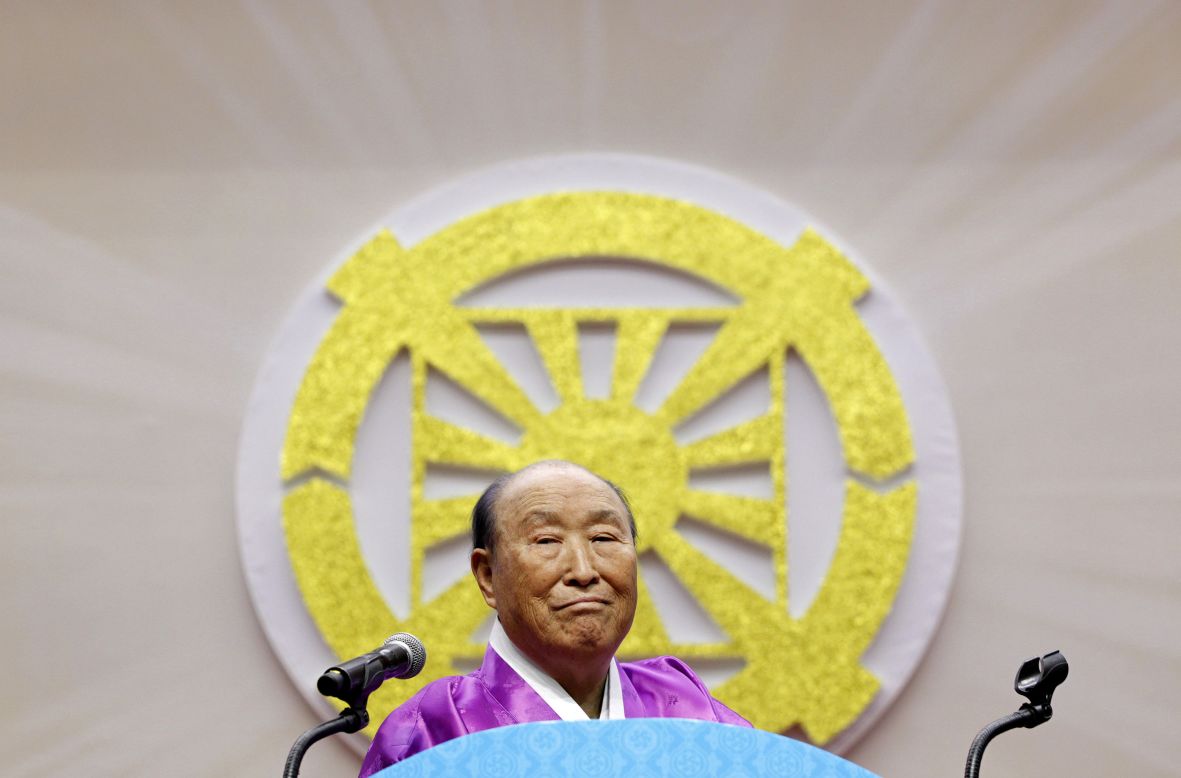 The Rev. Sun Myung Moon, founder of the Unification Church, died early Monday morning in South Korea. He is seen delivering a speech during his 91st birthday party in Gapyeong, South Korea, on February 8, 2011.