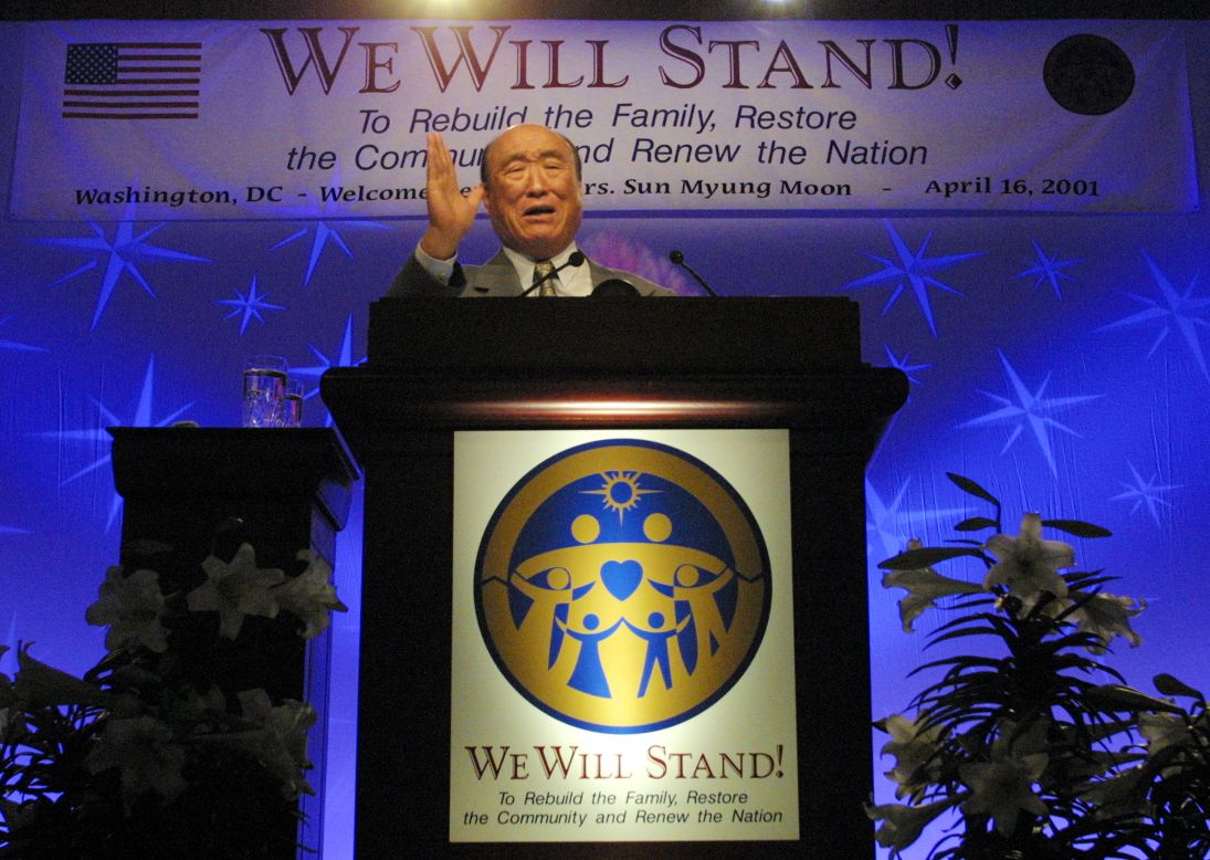As founder of the Family Federation for World Peace and Unification, Moon speaks during a meeting with 2,500 clergy in Washington on April 16, 2001. He was on a national unity tour.