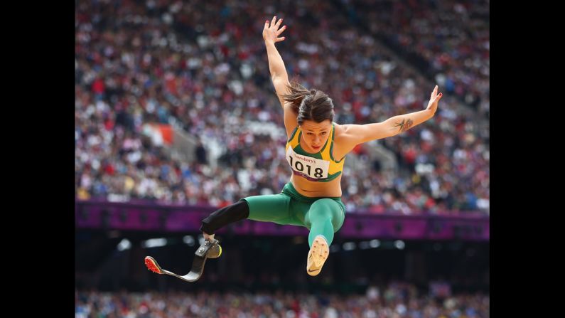 Kelly Cartwright of Australia competes in the women's long jump F42/44 final at Olympic Stadium.