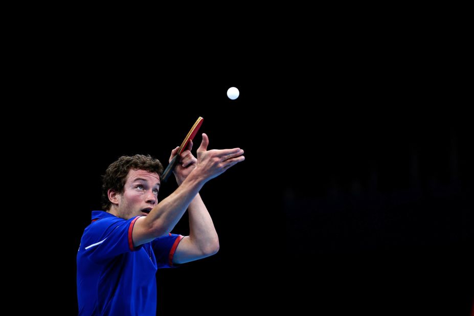 Bastien Grundeler of France serves during his men's singles Class 6 bronze medal table tennis match against Peter Rosenmeier of Denmark.