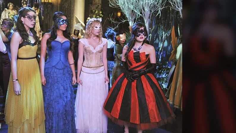 "All of the young shows have done a masquerade ball, and we had to stand out," Line said. That's why she and her team designed Aria's (from right) red dress, making the fabric themselves to get it just right. Hanna's dress was made from pieces of five dresses. Line added a custom corset into Emily's teal gown, and Spencer wore a mustard Free People dress. "We needed four of Spencer's dress, since she fights with Mona on a cliff."