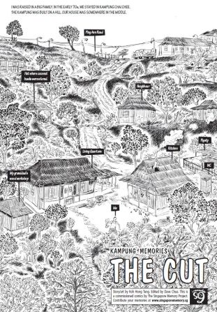 The Singapore Memory Project also commissioned what it calls "Drawn from Memory" works that include "comic adaptations of some of the most nostalgic and emotive aspects of life in Singapore."  Koh Hong Teng and Dave Chua submitted a comic book called "The Cut," showing life in a kampung, or village. This cover art by Teng shows what his life was like in Kampung Chai Chee, where he lived with many relatives in the early 1970s.