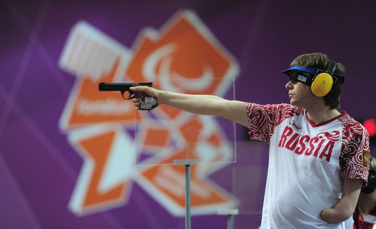 Russia's Sergey Malyshev shoots during the mixed 25-meter pistol final on Monday.