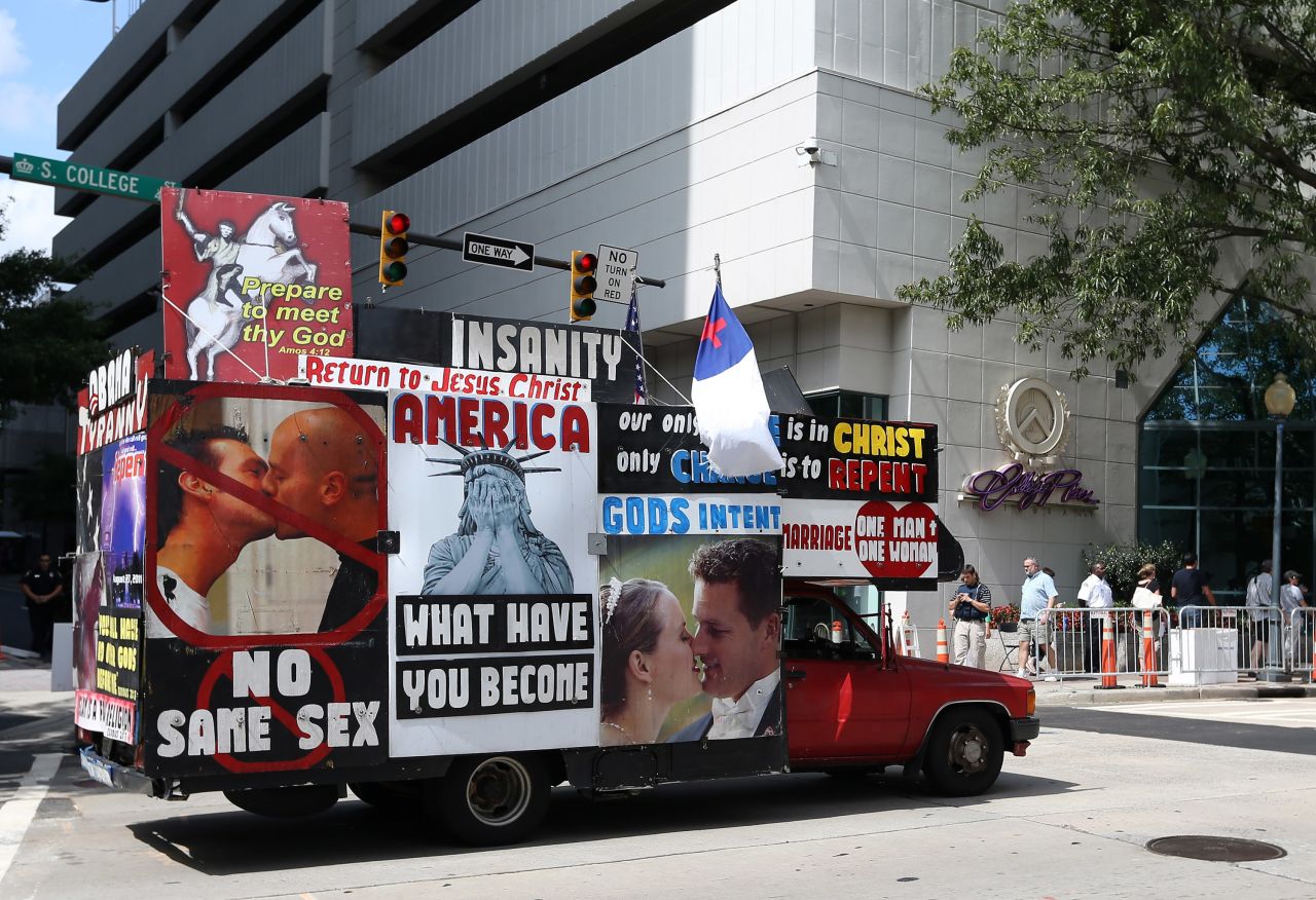 A truck with signs protesting same-sex marriage cruises the streets of Charlotte on Monday. The delegates will vote on whether to include same-sex marriage in their platform for the first time at this year's DNC. 
