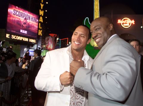 Duncan and his friend and co-star The Rock attend the Los Angeles premiere of "The Scorpion King" in 2002.