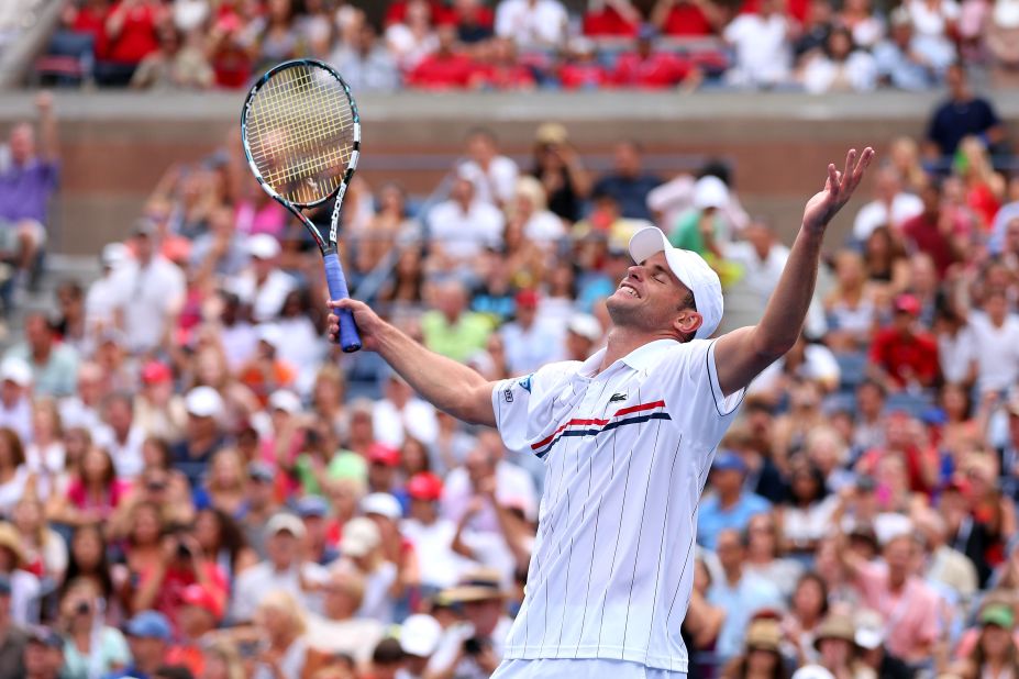 Andy Roddick of the United States celebrates after defeating Fabio Fognini of Italy on Sunday, September 2. 