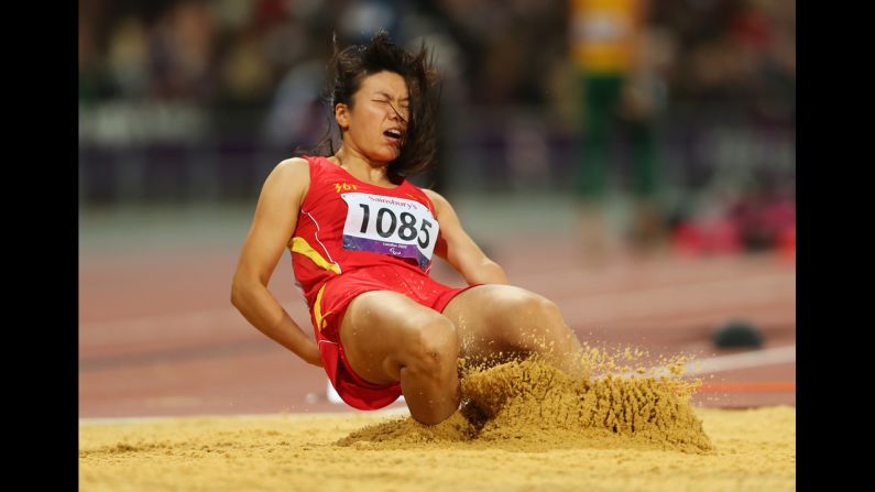 Jingling Ouyang of China competes in the women's long jump F46 final. Ouyang won the bronze medal.