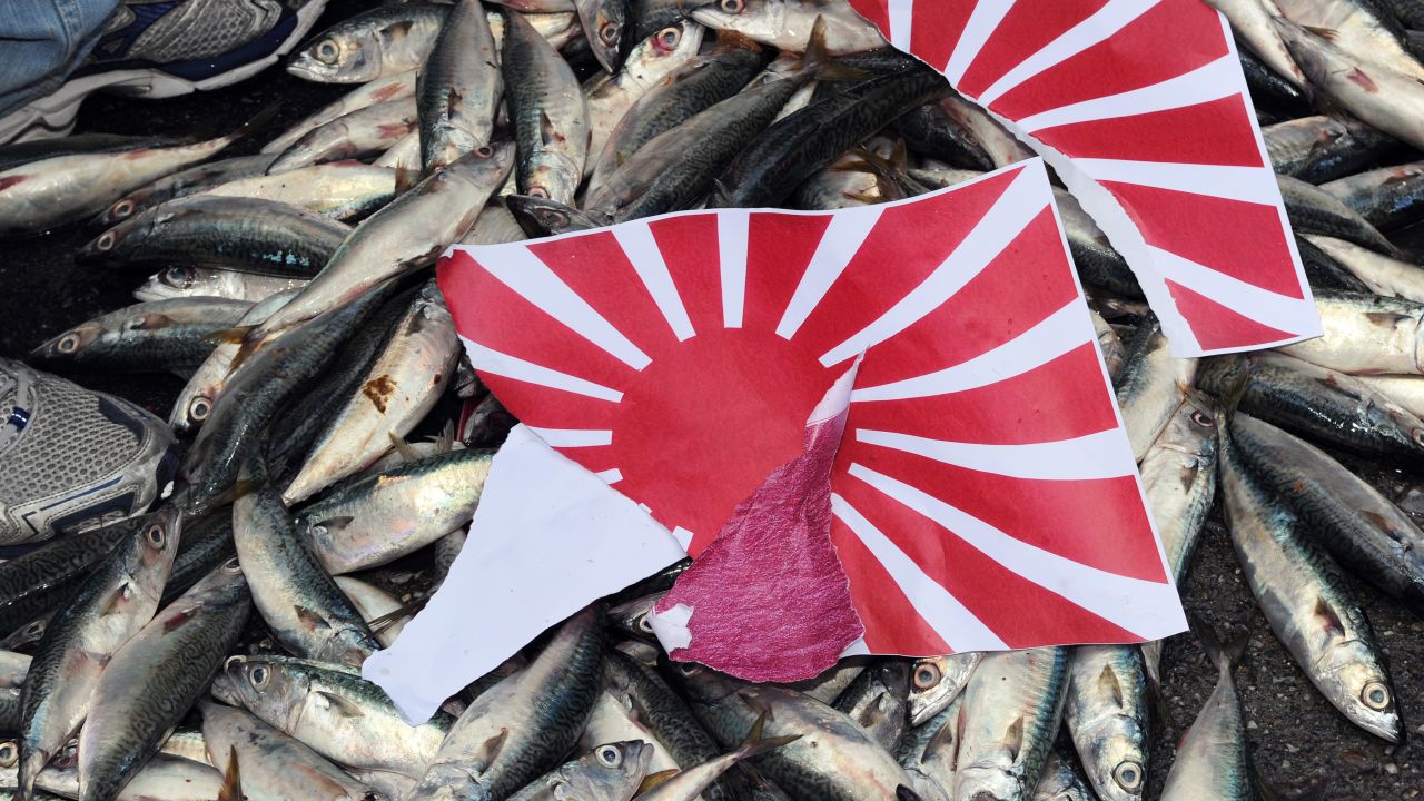 A torn apart Japanese 'Rising Sun' flag is placed on dead fish during a demonstration in Taipei on September 14, 2010, over the disputed Senkaku/Diaoyu island chain.