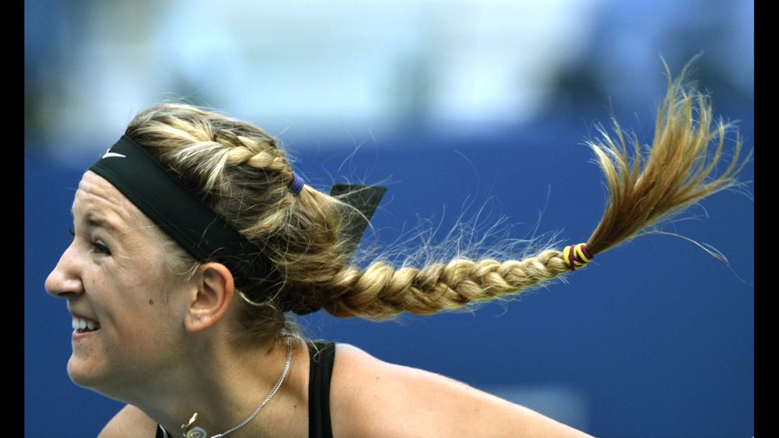 The braids of Victoria Azarenka of Belarus swing with her follow-through during her match on Tuesday.