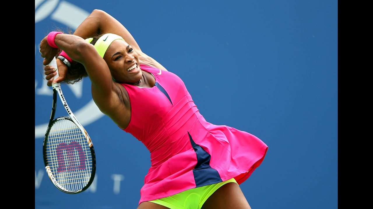 American Serena Williams returns a shot Monday.