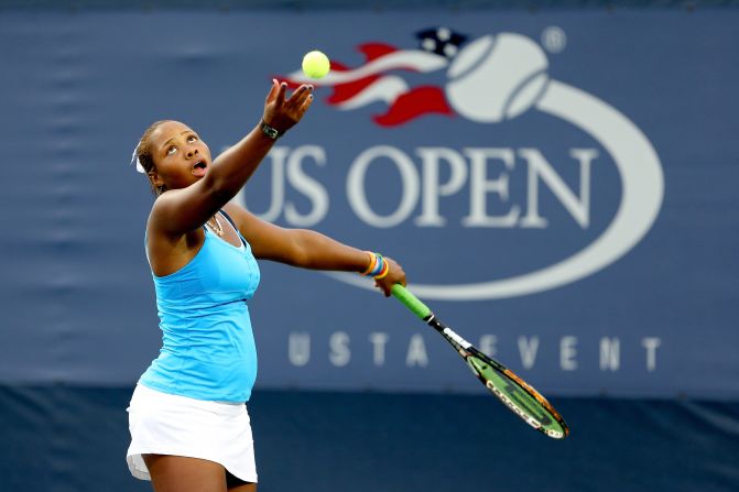 Taylor Townsend of the United States serves during her doubles match on Monday.