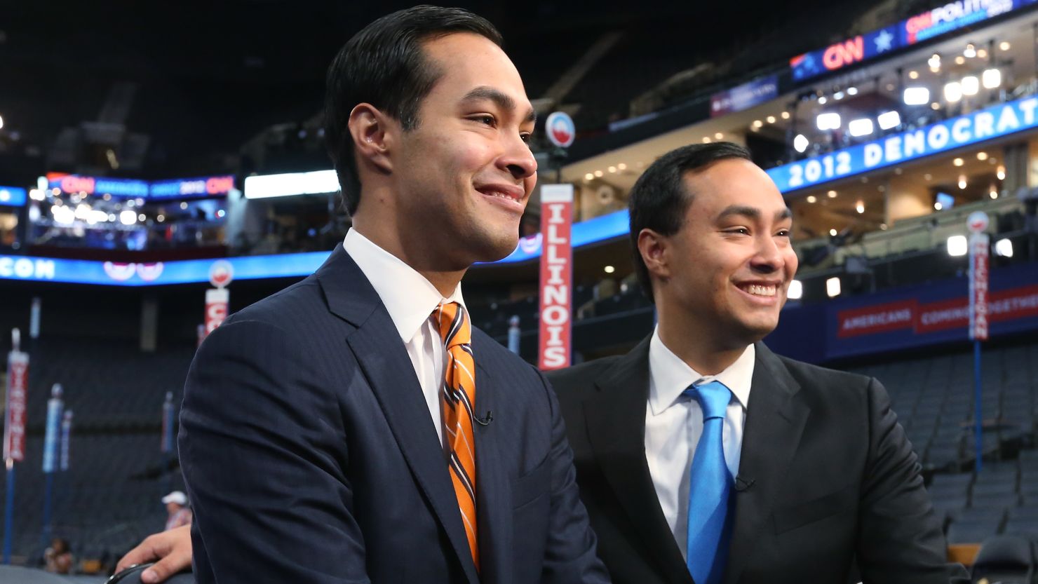 Julian Castro, left, with his brother Joaquin Castro, at the Democratic National Convention.