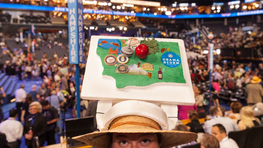 Delegate Jennifer Minich from Washington sports an elaborate hat at the DNC on Tuesday.