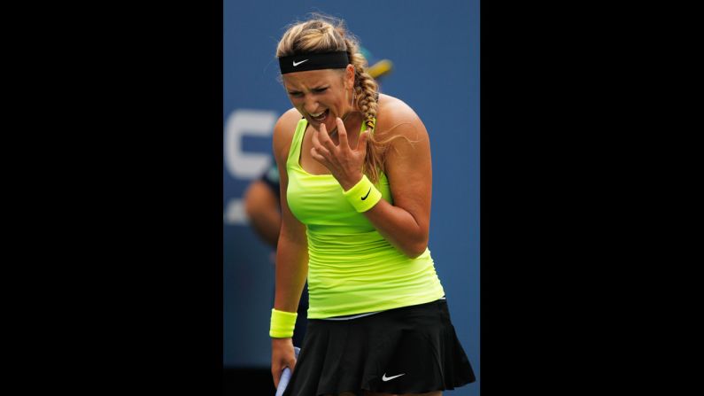 Victoria Azarenka of Belarus reacts against Samantha Stosur of Australia on Tuesday.