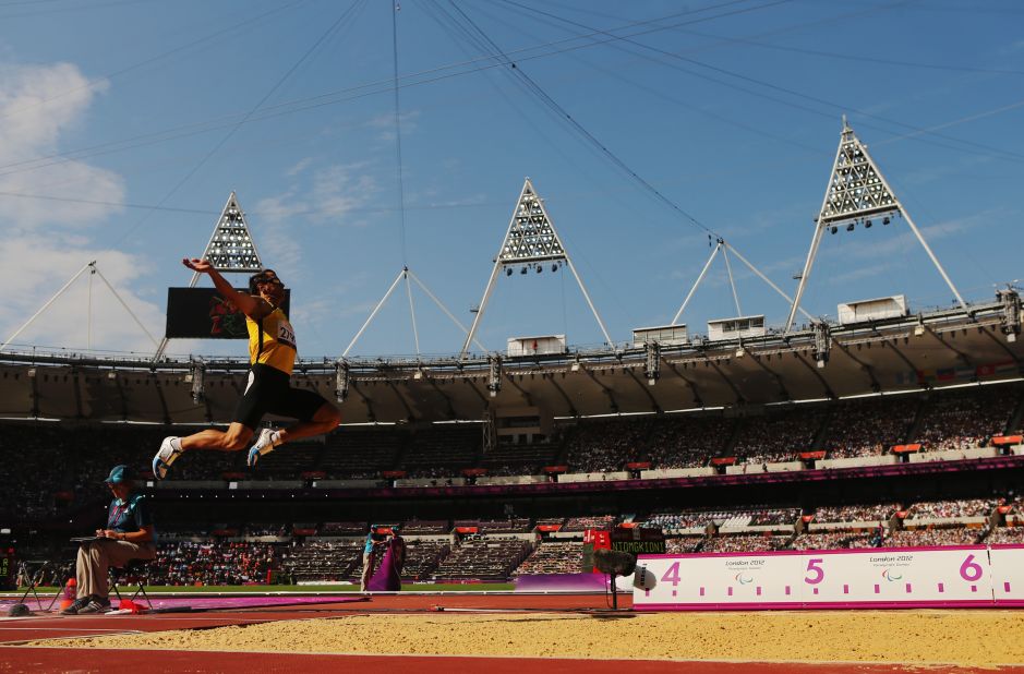 Ruslan Katyshev of Ukraine competes in the men's long jump F11 final Tuesday.