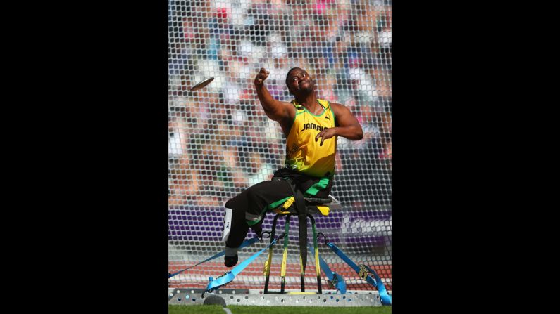Tanto Campbell of Jamaica competes in the men's discus throw F54/55/56 final on Wednesday.
