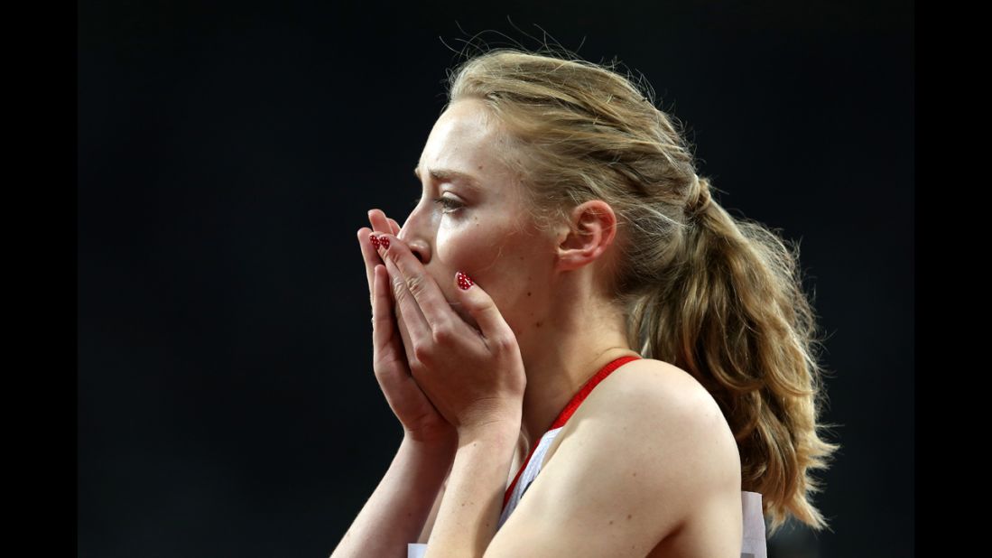 Jenny McLoughlin of Great Britain reacts after the women's 4x100-meter relay - T35/T38 in which her team won the bronze medal Wednesday.