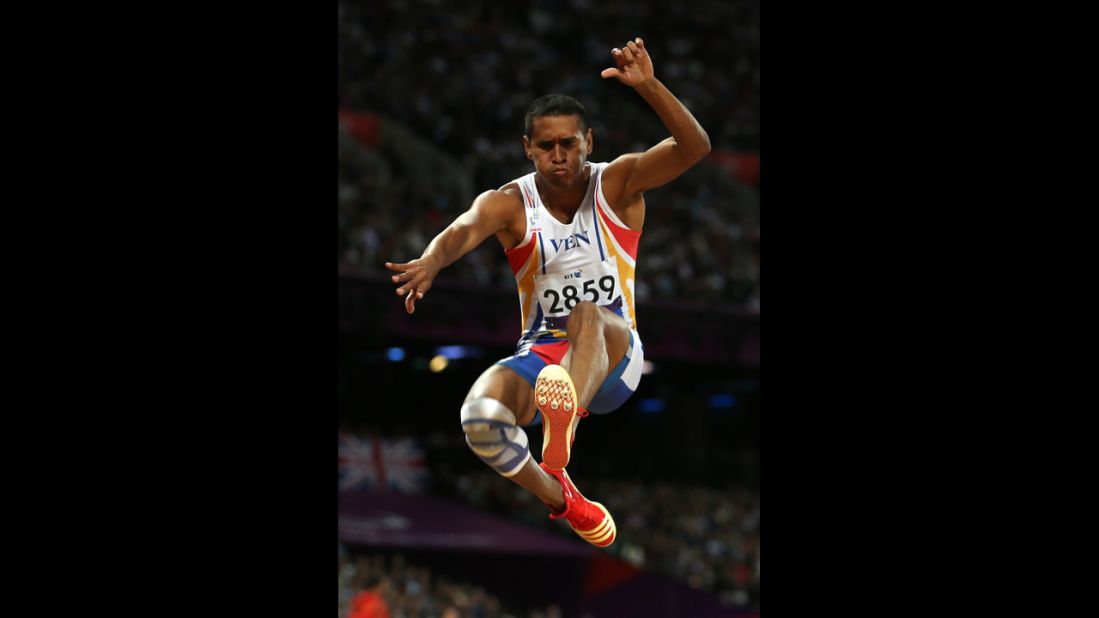 Venezuela's Williams Barreto competes in the men's long jump - F20 final on Tuesday.