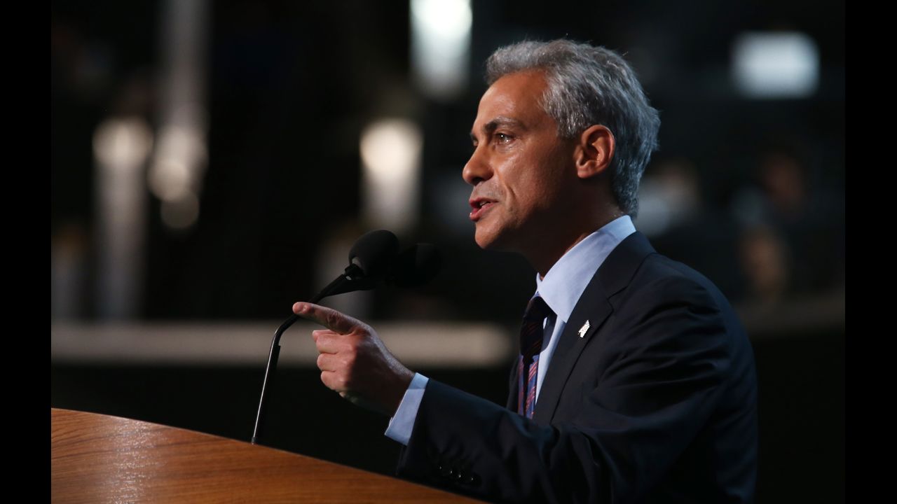 Rahm Emanuel, who served as President Barack Obama's first chief of staff, addresses the crowd Tuesday.
