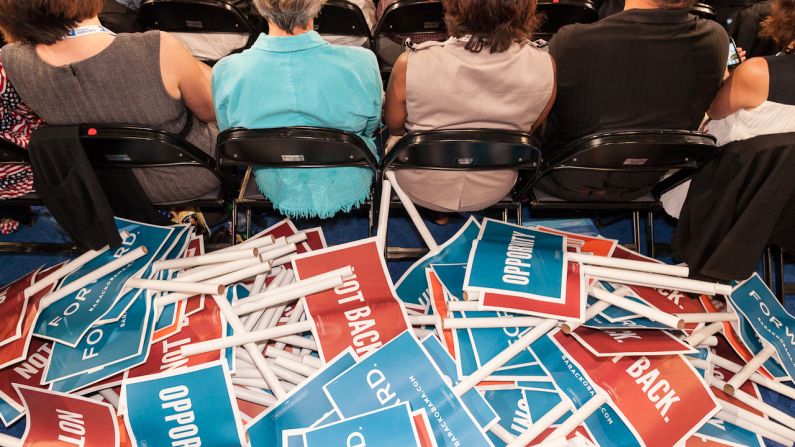 A pile of placards sits on the floor of the Democratic National Convention in Charlotte, North Carolina, on Tuesday, September 4. 