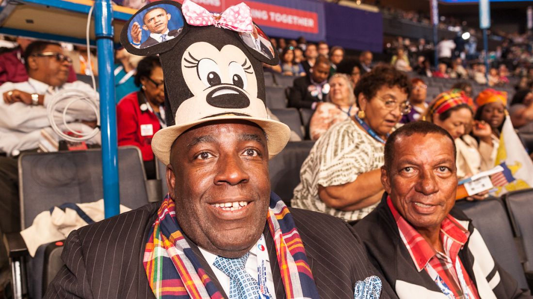 Virgin Islands delegate Edgar Baker Phillips wears a Minnie Mouse hat with Obama on top of it Tuesday.
