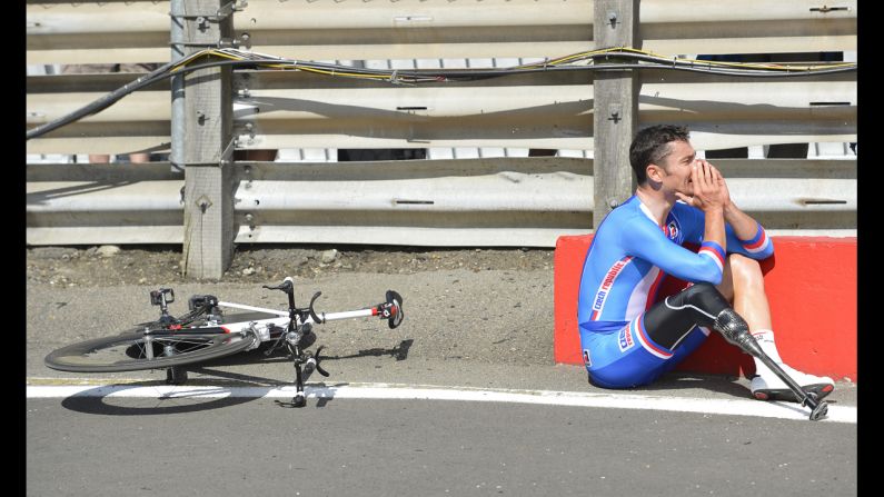 Czech Republic's Jiri Jezek reacts after winning the gold medal in the men's individual C4 time trial cycling final on Wednesday, September 5, at the London 2012 Paralympics in London.