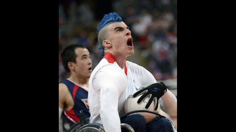 Britain's David Anthony, center, reacts to scoring a goal against the United States during a Pool A wheelchair rugby match on Wednesday.