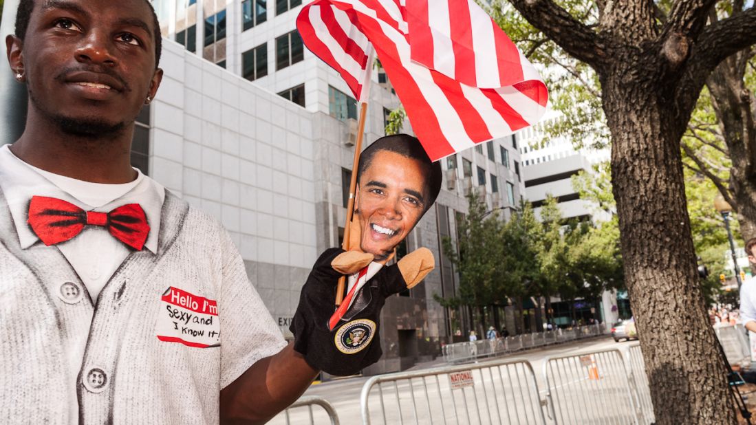 A man sells Obama puppets at the convention on Wednesday.