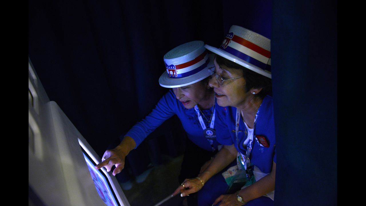 Priscilla Marquez and Evie Walls from Arizona pose in the Google photo booth on Wednesday.