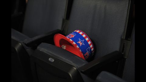 A tri-colored hat sporting the Democratic party's mascot sits on a chair on Wednesday.