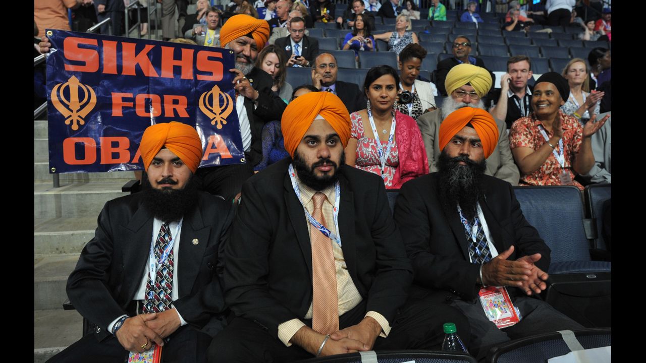 Sikh supporters hold up a sign on Wednesday.