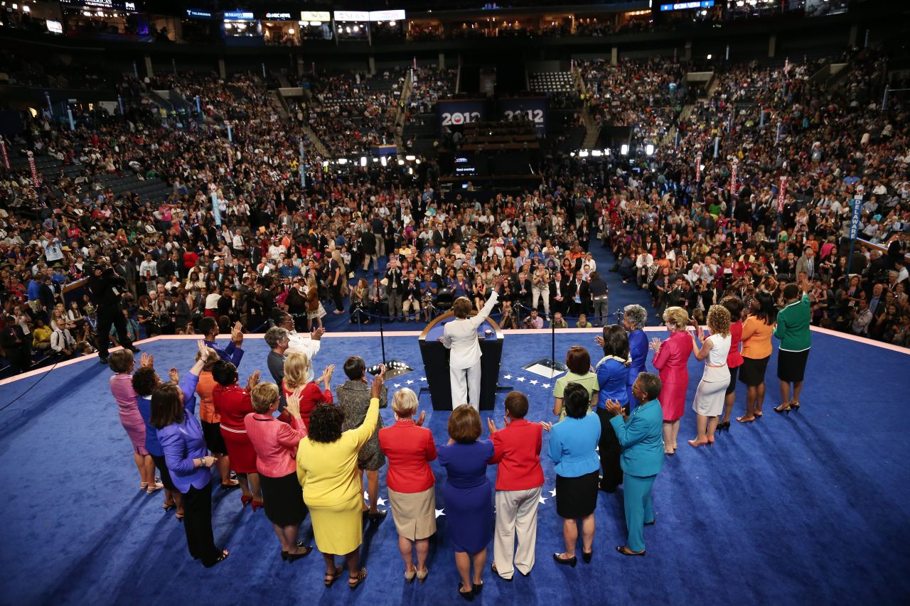 House Minority Leader Nancy Pelosi speaks onstage with other female members of Congress on Tuesday.