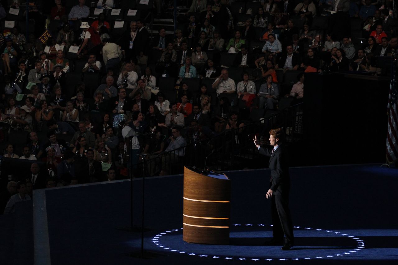 U.S. House candidate Joe Kennedy III of Massachusetts takes the stage Tuesday. 