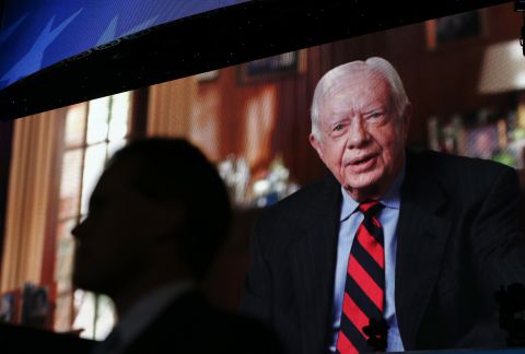 Former President Jimmy Carter addresses the convention in a videotaped message.