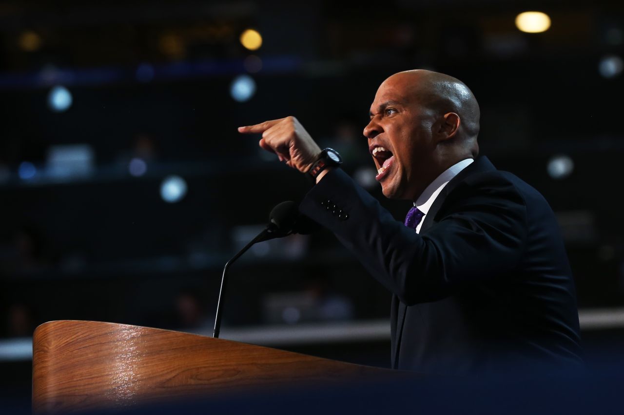 Newark Mayor Cory Booker points to the