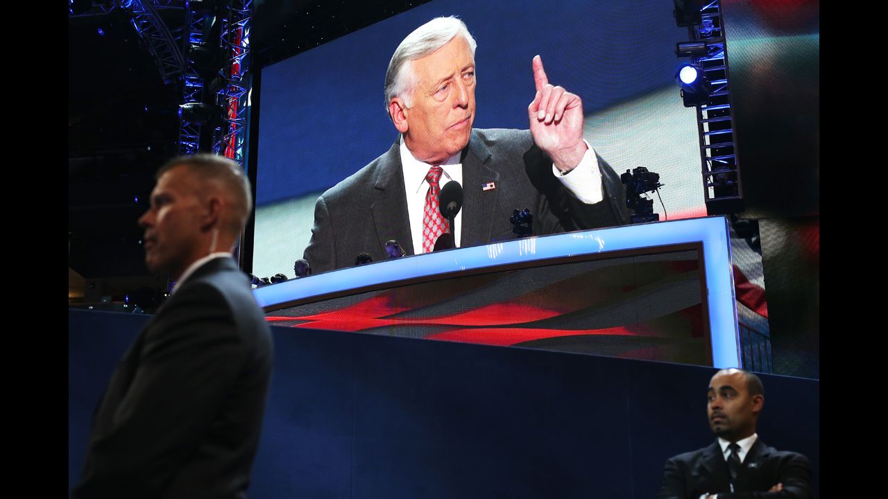 Security personnel looks out at the crowd as U.S. Rep. Steny Hoyer speaks on Tuesday.