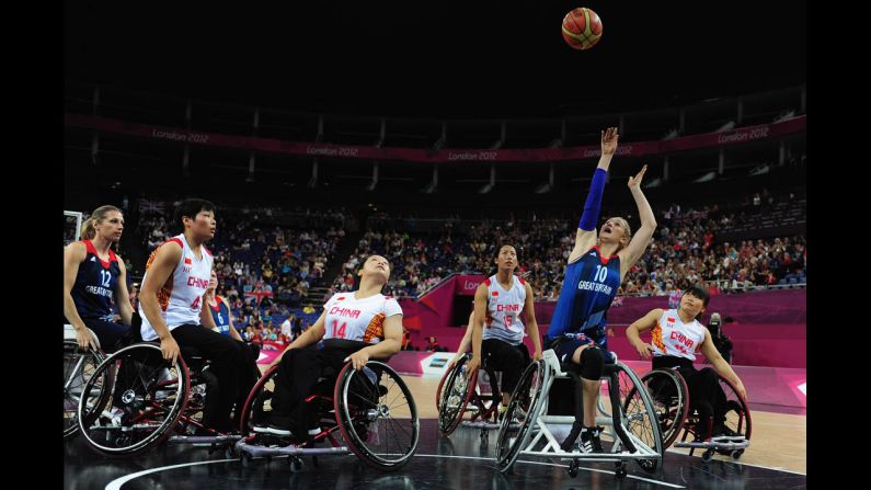 Amy Conroy of Great Britain takes a shot during the women's classification crossover wheelchair basketball match between Great Britain and China on Thursday.