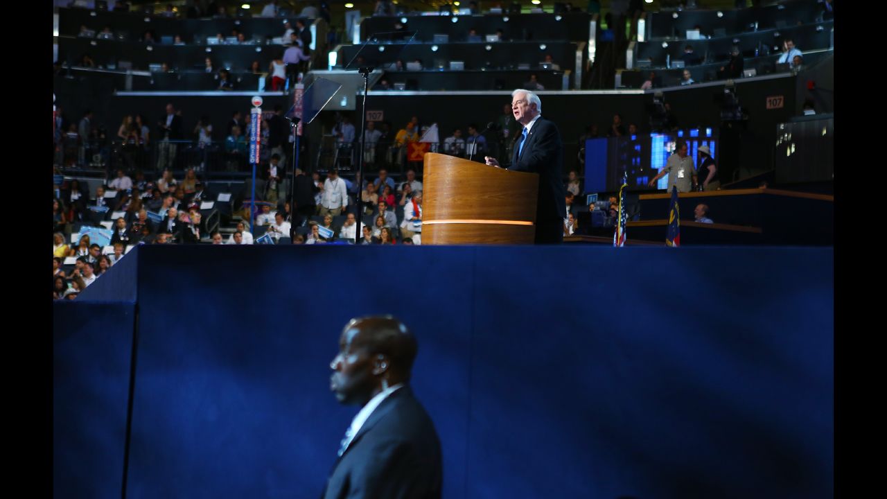 A guard stands by as former North Carolina Gov. Jim Hunt speaks on Wednesday.