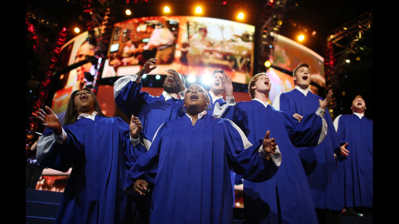 A choir performs on stage during the DNC on Wednesday.