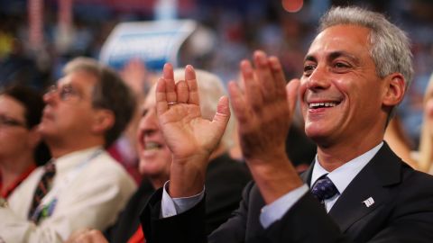 Chicago Mayor Rahm Emanuel claps while listening to Wednesday's speeches. He spoke Tuesday night.